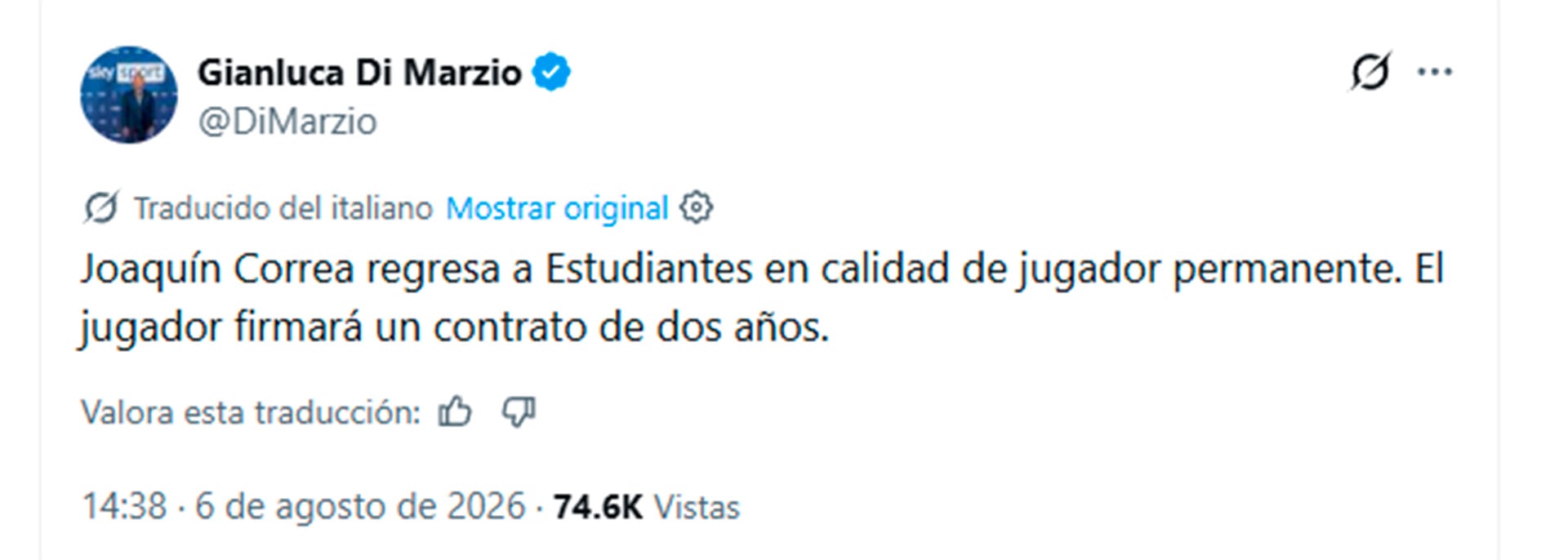 Gianluca Di Marzio aseguró que el delantero argentino llegará a Estudiantes de La Plata con un contrato por dos años (@DiMarzio)