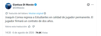 Joaquín Correa regresa a Estudiantes LP