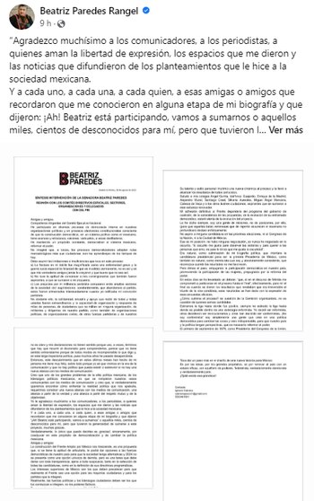 Beatriz Paredes publicó un comunicado