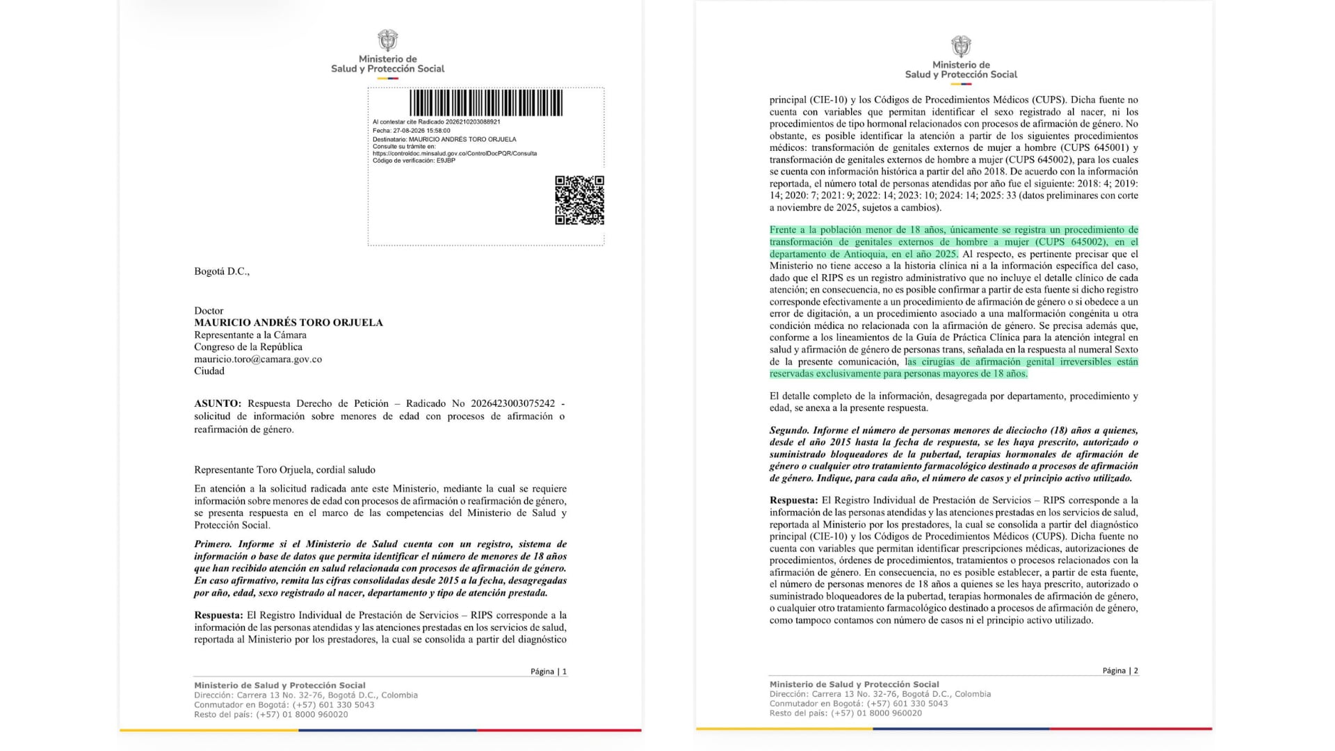 Este fue el comunicado del Ministerio de Salud sobre las cirugías de cambio de género en menores de edad en Colombia - crédito @MauroToroO/X
