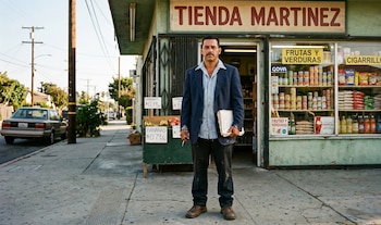 Hombre con bigote, chaqueta azul y camisa clara de pie en la acera frente a la 'Tienda Martinez', con productos y un coche visible