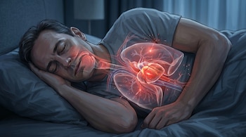 Ilustración de un hombre durmiendo de lado en una cama oscura, con una superposición transparente de sus órganos internos, incluyendo el corazón y los pulmones, brillando en tonos rojos.