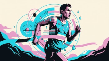 Ilustración en tonos cian y magenta de un corredor atravesando la cinta de meta entre gráficos circulares y gotas de agua.