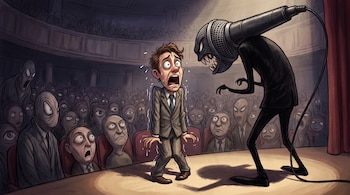 Hombre con traje en escenario, sudoroso y asustado. Micrófono grande con dientes y ojos agresivos. Auditorio oscuro con muchas caras y ojos mirándolo fijamente.