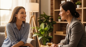 Dos mujeres conversan en un consultorio. Una paciente sonríe mientras mira a su psicóloga, quien la escucha. Taza de té y plantas en el fondo.