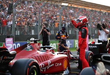Formula One F1 - Australian Grand Prix - Melbourne Grand Prix Circuit, Melbourne, Australia - April 9, 2022 Ferrari's Charles Leclerc reacts after placing first in qualifying REUTERS/Loren Elliott