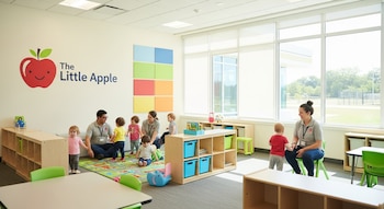 Un aula de guardería moderna y luminosa con niños pequeños y dos adultos. En la pared, el logo de 'The Little Apple' y paneles coloridos. Hay estanterías y grandes ventanales.