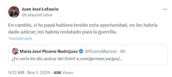 Juan José Lafaurie respondió a Pizarro insinuando que su padre, Carlos Pizarro, habría reclutado a los niños en lugar de darles dulces - crédito @LafaurieCabal/X