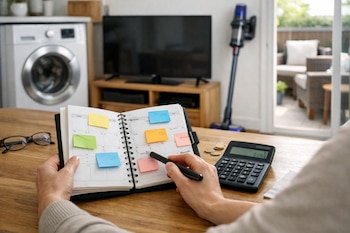 Primer plano de manos planificando compras en agenda con calculadora. Al fondo, una lavadora, televisor, aspiradora sin cable y mobiliario de terraza.