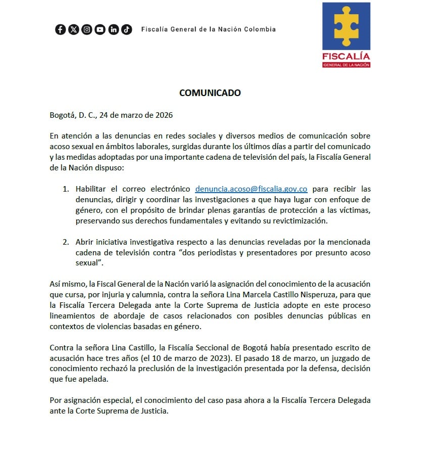 La Fiscalía se refirió a las denuncias en uno de los noticieros más reconocidos en el país - crédito Fiscalía General de la Nación