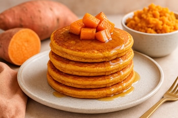 Cuatro hot cakes amontonados en un plato, cubiertos con jarabe y trozos de camote, junto a camotes enteros y un tenedor.