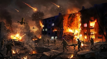 Ilustración de una ciudad devastada por la guerra, con drones volando, misiles cayendo, edificios en llamas, soldados evacuando heridos y coches destruidos.