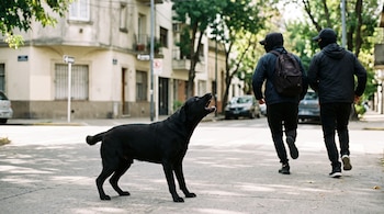 Un perro negro parado en la calle ladra hacia dos personas vestidas de oscuro y con rostros cubiertos que caminan de espaldas.