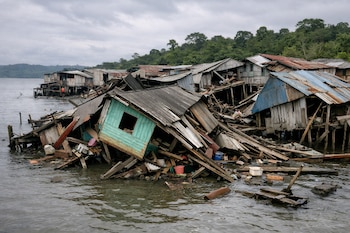 Grupo de casas de madera y metal parcialmente derrumbadas sobre el agua, con escombros flotando, bajo un cielo nublado y vegetación al fondo.