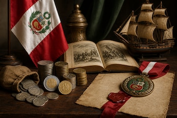 Una bandera de Perú, monedas apiladas, un documento con sello rojo, un libro abierto, una medalla y un barco en miniatura sobre una mesa.