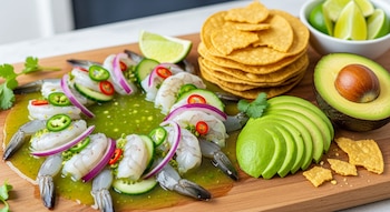 Plato de aguachile de camarón con pepino, cebolla morada, chiles, cilantro, limas, aguacate rebanado y una pila de tostadas en una tabla de madera.