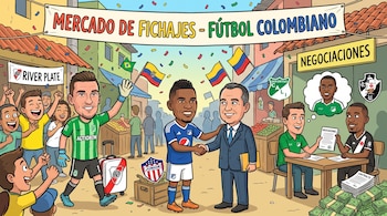 Caricatura de Franco Armani con camiseta de Nacional, Jhomier Guerrero con camiseta de Millonarios, negociación de Marino Hinestroza, aficionados y dinero.