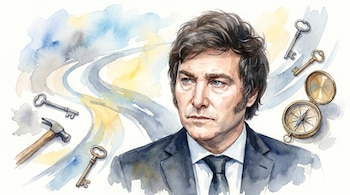 Retrato en acuarela de Javier Milei con traje oscuro y expresión seria, sobre un fondo abstracto con caminos ondulantes, llaves, un martillo y una brújula.