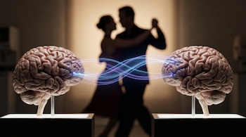 Dos modelos de cerebros humanos hiperrealistas, con ondas de luz azul y violeta conectándolos. Al fondo, una silueta borrosa de una pareja bailando tango.