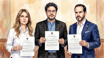 Ilustración tipo acuarela de tres candidatos presidenciales, dos hombres y una mujer, de pie y sosteniendo cartas de la Conferencia Episcopal.