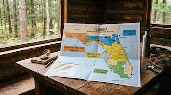 Un mapa desplegado del estado de Florida con zonas marcadas en colores junto a una brújula, un cuaderno y una botella sobre una mesa de madera