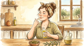 Ilustración de una mujer con pañuelo en el pelo aplicando una gota de aceite de oliva en sus labios. En la mesa hay aceitunas, una rama de olivo y botellas de aceite.