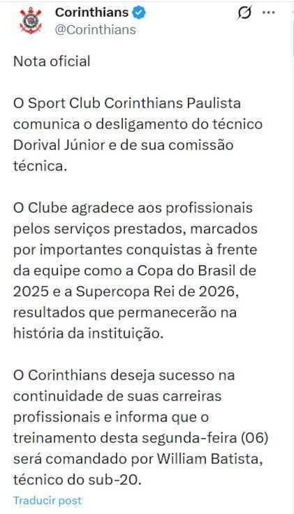 Corinthians decidió cesar a Dorival Júnior tras una racha de nueve partidos sin triunfos, pese a los títulos logrados, en medio de críticas por la caída del rendimiento colectivo. (X / @Corinthians)