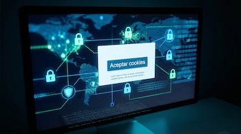 Primer plano de una pantalla de ordenador mostrando un aviso de 'Aceptar cookies'. El fondo digital muestra un mapa mundial con candados y escudos de seguridad.