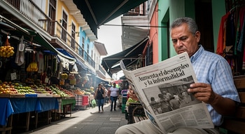 Hombre sentado lee un periódico en un mercado callejero de frutas y verduras, con edificios y personas en el fondo.