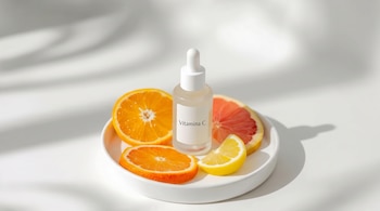 Frasco gotero transparente con etiqueta "Vitamina C" sobre un plato blanco, junto a rodajas de naranja, pomelo y limón, sobre una superficie blanca.