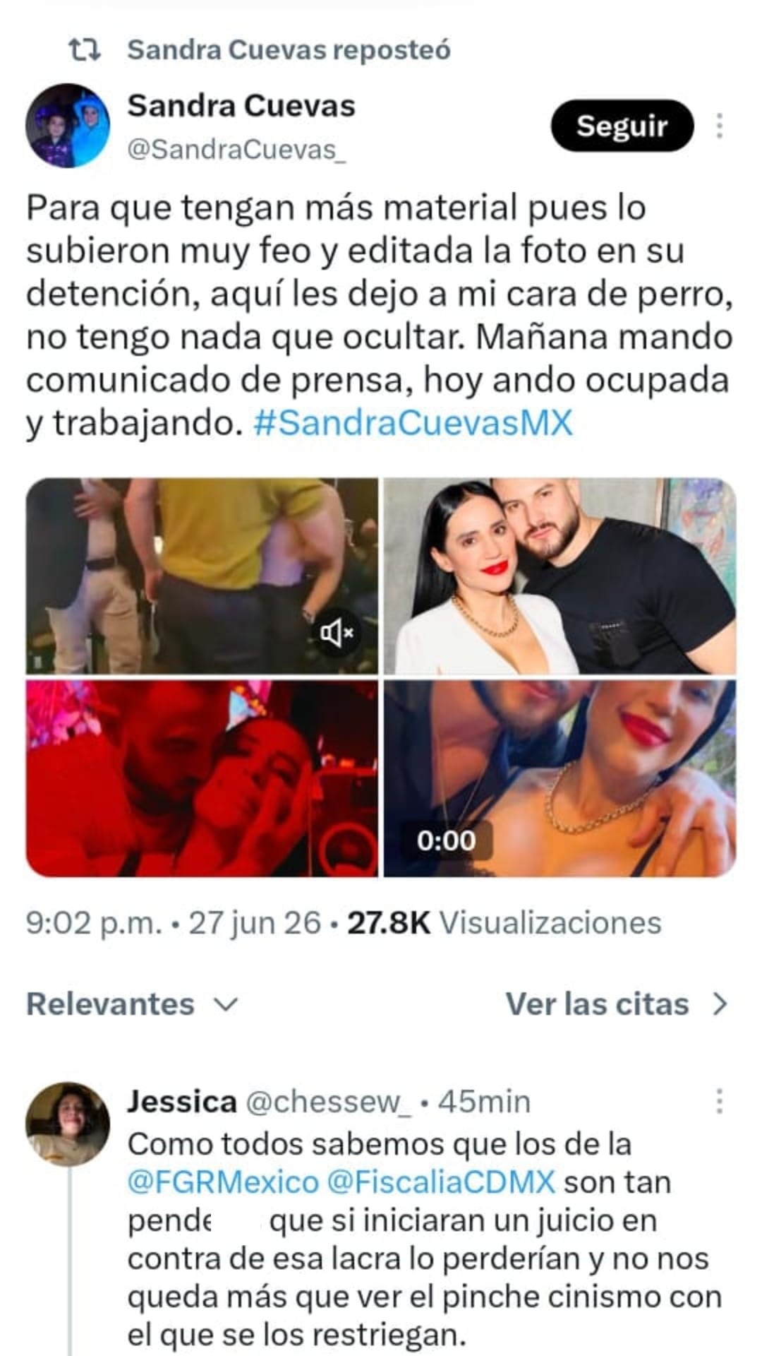 La exfuncionaria respondió que cada quien es responsable de sus actos y que ella no defiende a ninguna. (X: Sandra Cuevas)