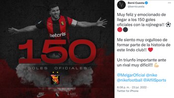 Bernardo Cuesto publicó en sus redes sociales lo feliz que se siente de llegar a los 150 goles con Melgar. (Foto: Twitter Bernardo Cuesta)