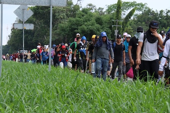 Los migrantes caminaron durante doce horas a lo largo de 40 kilómetros por diversos municipios chiapanecos antes de arribar a Tapachula. (EFE/Juan Manuel Blanco)