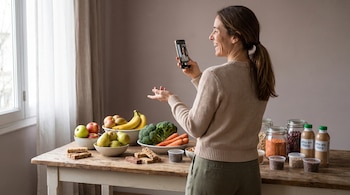Mujer sonriente graba video con smartphone frente a mesa con manzanas, peras, bananas, brócoli, zanahorias, lentejas, frijoles, semillas, barras de cereal y bebidas.