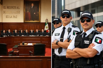 Imagen dividida: a la izquierda, nueve ministros de la SCJN con túnicas negras sentados en un tribunal. A la derecha, guardias mexicanos de seguridad privada.