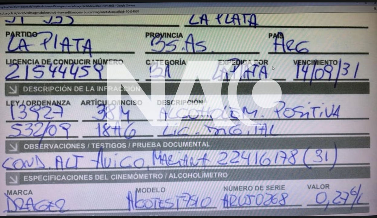 El acta del operativo de tránsito consignó la presentación de la licencia en formato digital y dispuso la inhabilitación para conducir por el plazo de 90 días (NA)