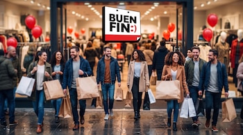 Personas con bolsas de papel caminan frente a un establecimiento comercial con globos rojos y el logotipo de Buen Fin en la parte central.