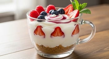 Taza de vidrio transparente con postre de capas: base de galletas trituradas, yogur, rodajas de fresa, frambuesas, arándanos y hojas de menta.