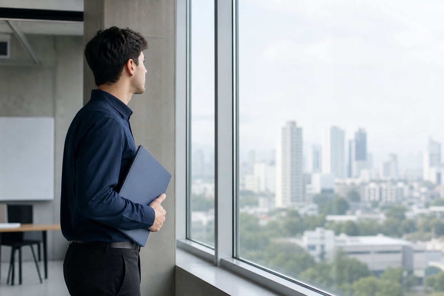 Un joven en una oficina observa el panorama urbano mientras sostiene una carpeta que representa las perspectivas de inserción laboral juvenil. (Imagen Ilustrativa Infobae)