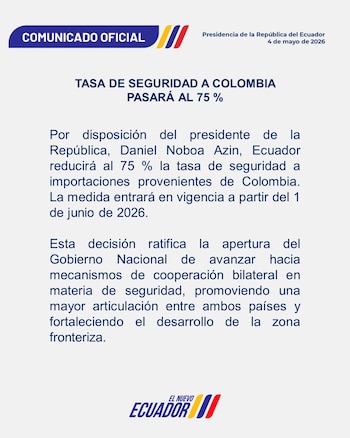 Ecuador bajó la 'tasa de seguridad' del 100% al 75% con Colombia - crédito @Presidencia_Ec/X