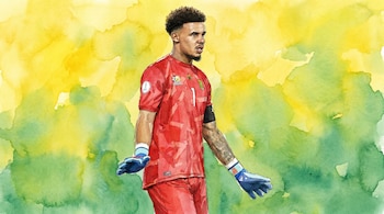 Ilustración en acuarela de Ronwen Williams, hombre con cabello rizado, vestido con camiseta roja y guantes azules, sobre un fondo abstracto amarillo y verde.
