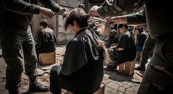 Manos de paramilitares con uniformes militares cortan el cabello largo de varias mujeres sentadas en cajas de madera, en un suelo empedrado.