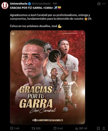 El mensaje de despedida de Universitario a José Carabalí. - captura: Universitario