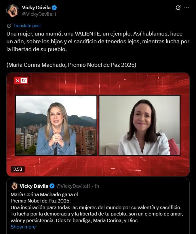 Vicky Dávila sobre maría Corina Machado- crédito captura de pantalla / X