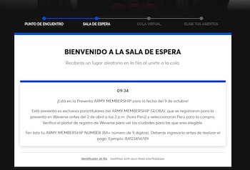 Pantalla de Ticketmaster: 'BIENVENIDO A LA SALA DE ESPERA' con detalles de preventa ARMY MEMBERSHIP de BTS, instrucciones y hora 09:34