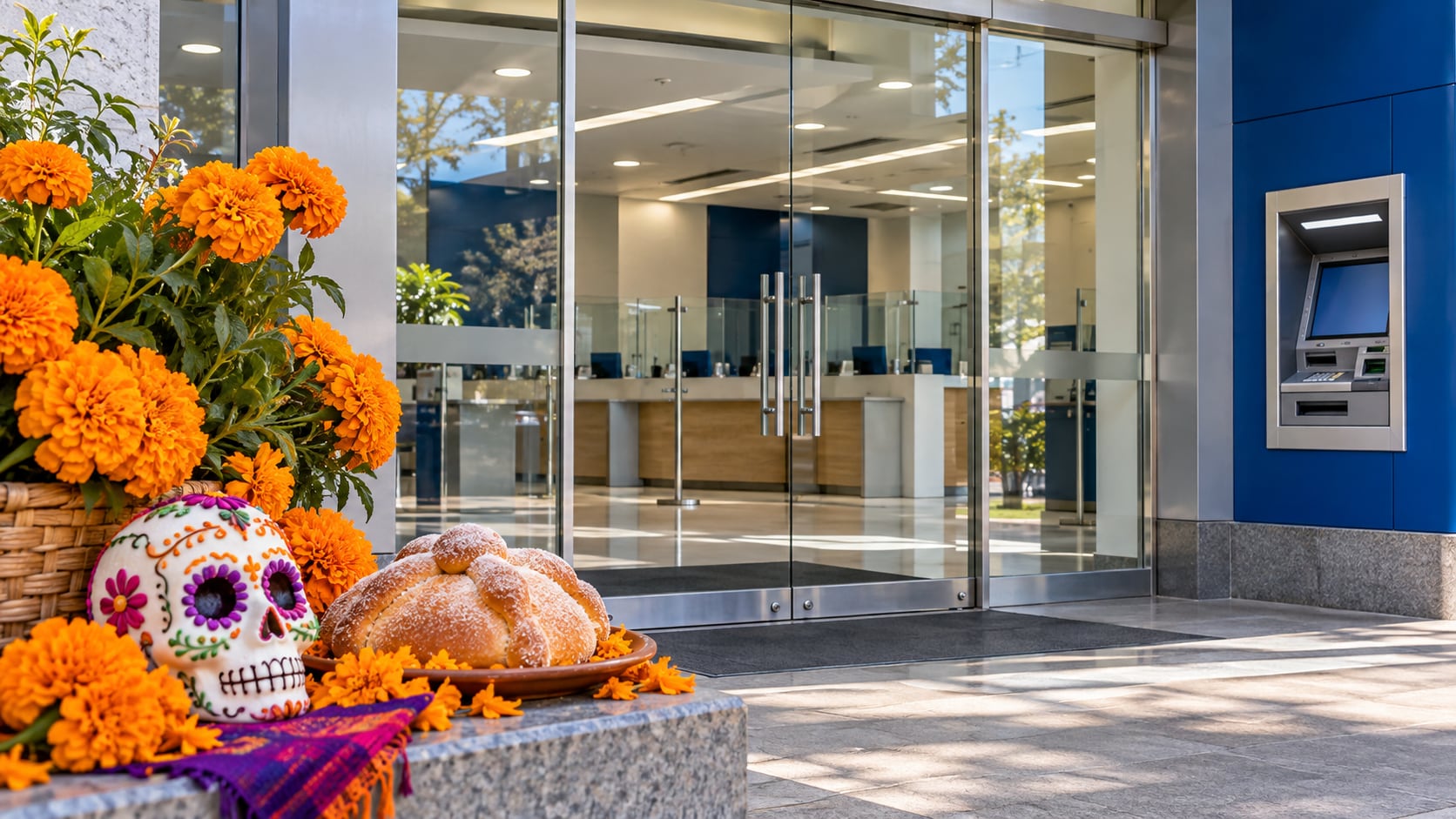 Un pan de muerto, una calavera y flores reposan en el exterior frente a la entrada de cristal y el cajero automático de una sucursal bancaria.