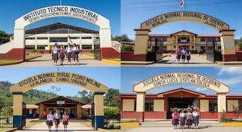 Cuatro fotos en collage. Estudiantes en uniforme escolar posan frente a los arcos de entrada de cuatro escuelas con sus nombres.