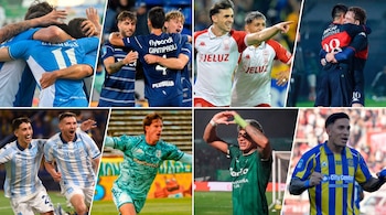 Composición de ocho imágenes con jugadores de clubes de fútbol argentinos que se abrazan y celebran en la cancha con sus camisetas.