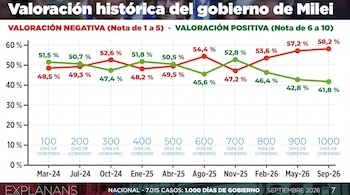 Gráfico de líneas que compara la valoración positiva y negativa del gobierno de Javier Milei entre los 100 y los 1000 días de gestión.