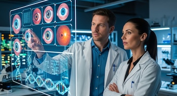 Un científico señala una pantalla holográfica con imágenes detalladas de ojos y secuencias de ADN, mientras una científica observa a su lado en un laboratorio.